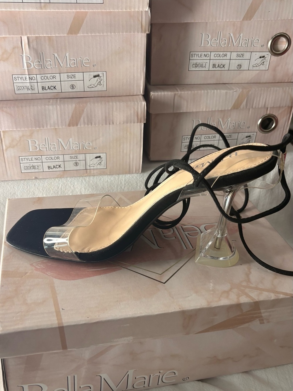 Bella Marie Black Heeled Sandals with Clear Strap